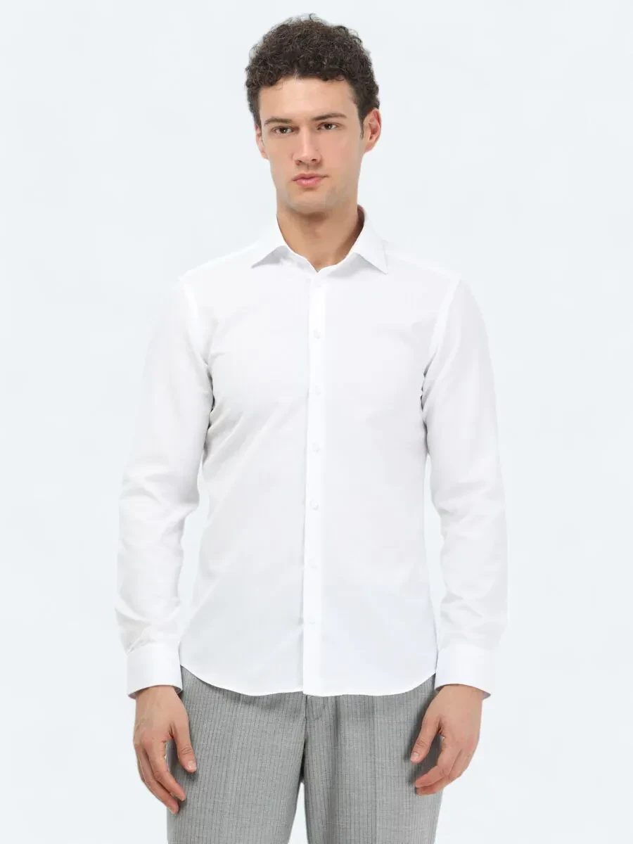 Beyaz Düz Slim Fit Dokuma Klasik Pamuk Karışımlı Gömlek - 3