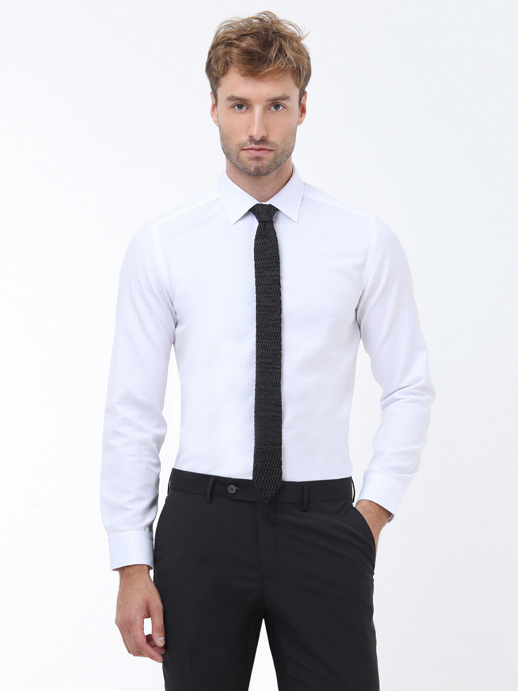 Beyaz Düz Slim Fit Dokuma Klasik Pamuk Karışımlı Gömlek - 1