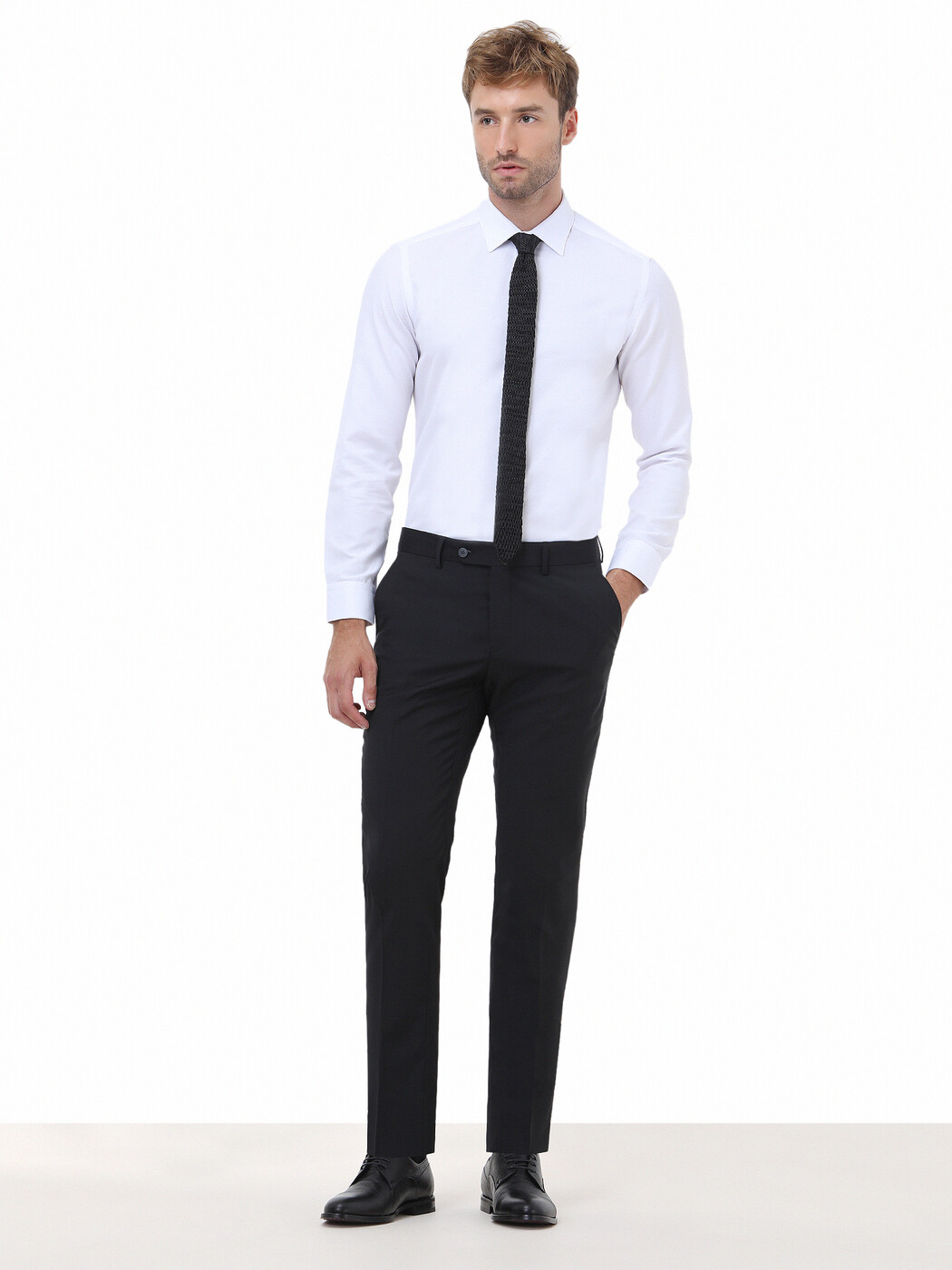 Beyaz Düz Slim Fit Dokuma Klasik Pamuk Karışımlı Gömlek - 2