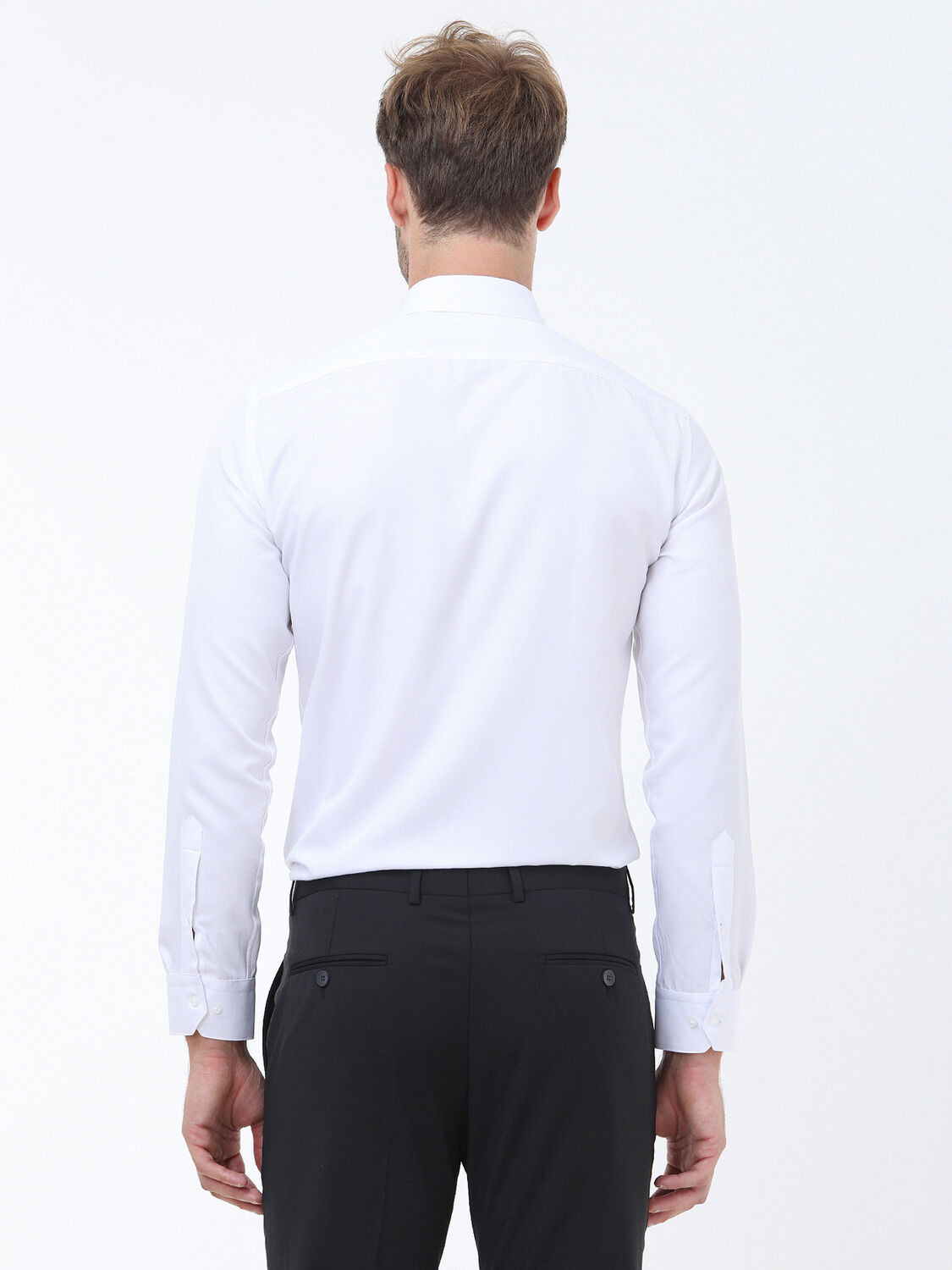 Beyaz Düz Slim Fit Dokuma Klasik Pamuk Karışımlı Gömlek - 4