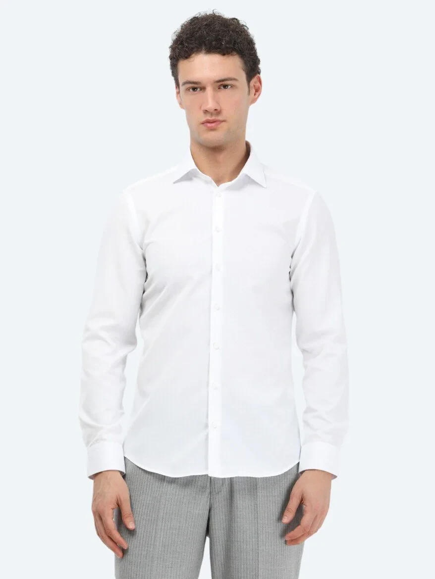 Beyaz Düz Slim Fit Dokuma Klasik Pamuk Karışımlı Gömlek - 1