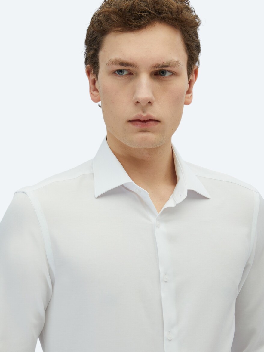 Beyaz Düz Slim Fit Dokuma Klasik Pamuk Karışımlı Gömlek - 3