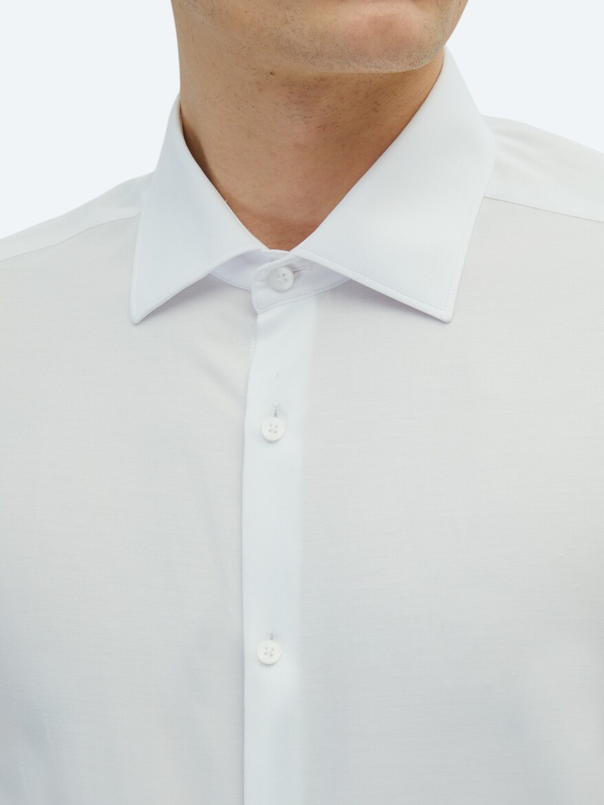Beyaz Düz Slim Fit Dokuma Klasik Pamuk Karışımlı Gömlek - 4