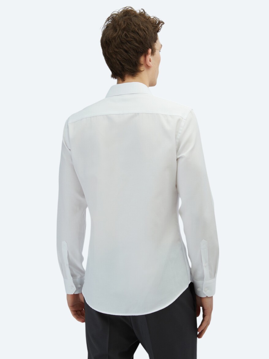 Beyaz Düz Slim Fit Dokuma Klasik Pamuk Karışımlı Gömlek - 5