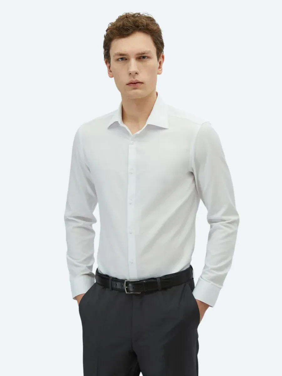 Beyaz Düz Slim Fit Dokuma Klasik Pamuk Karışımlı Gömlek - 1