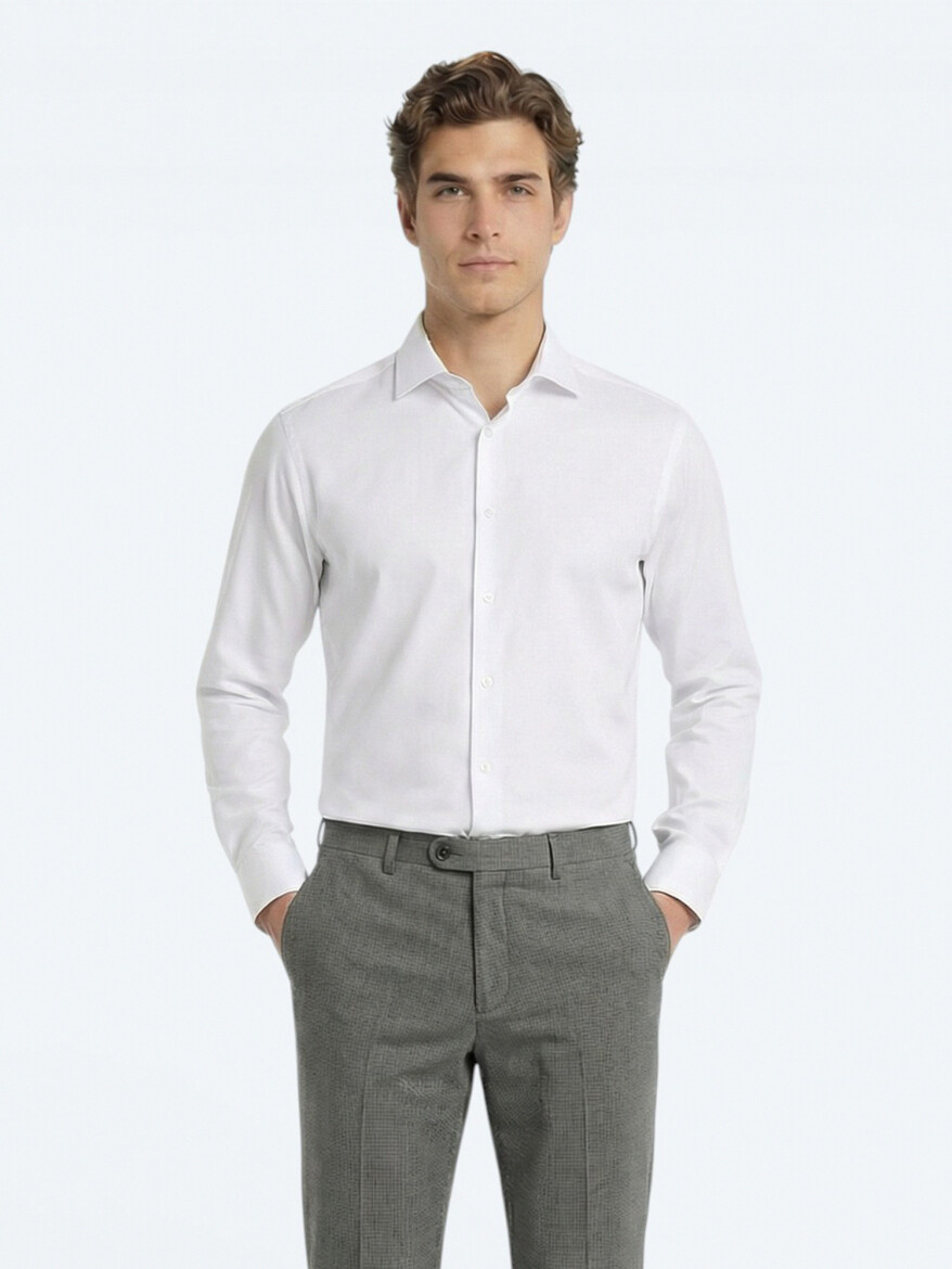 Beyaz Düz Slim Fit Dokuma Klasik Pamuk Karışımlı Gömlek - 1