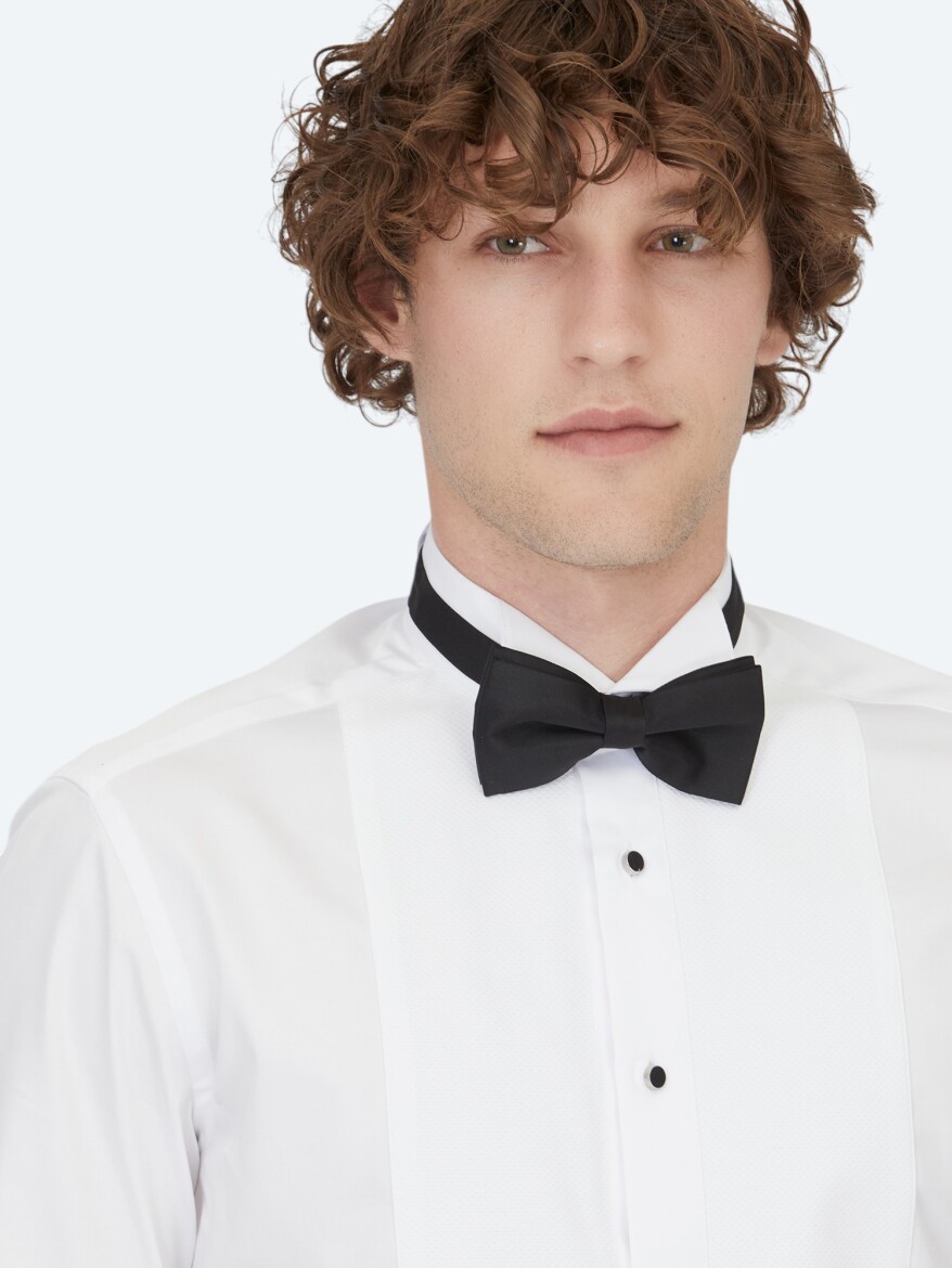 Beyaz Düz Slim Fit Duble Manşet Ata Yaka Smokin Gömlek - 3