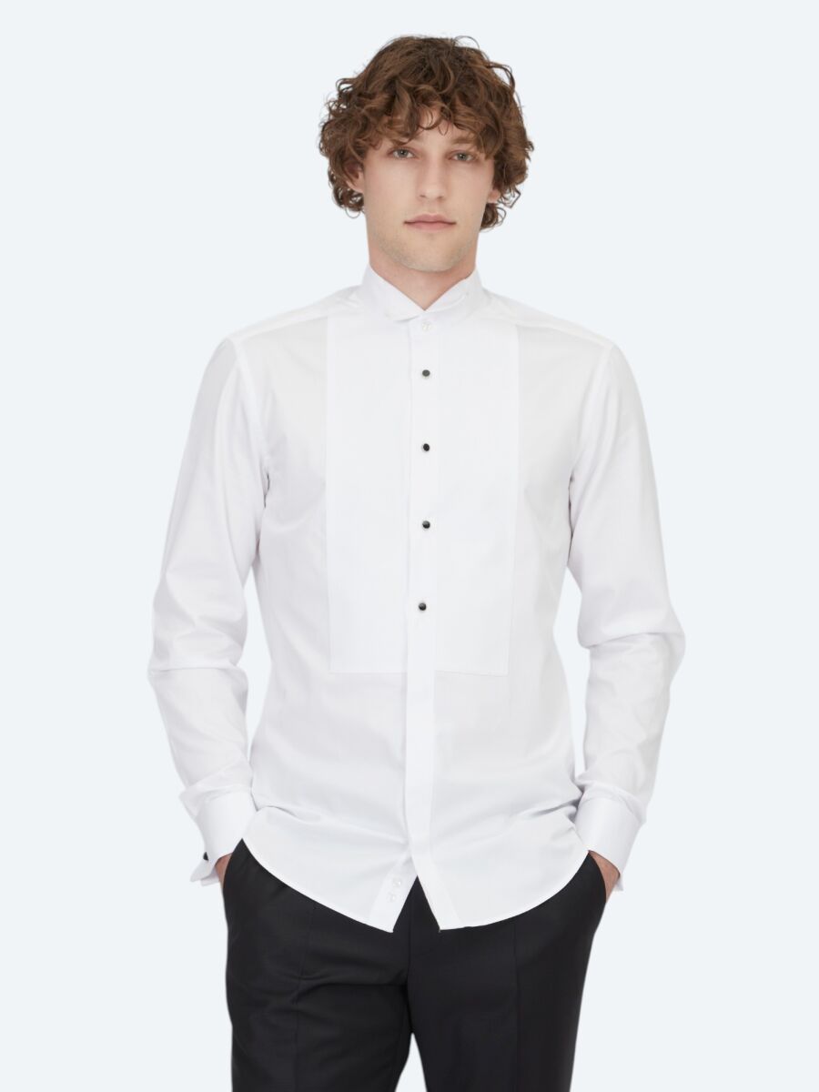 Beyaz Düz Slim Fit Duble Manşet Ata Yaka Smokin Gömlek - 4