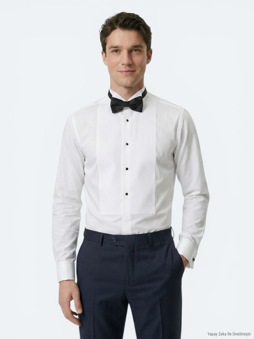 Beyaz Düz Slim Fit Duble Manşet Smokin Gömlek - KİP