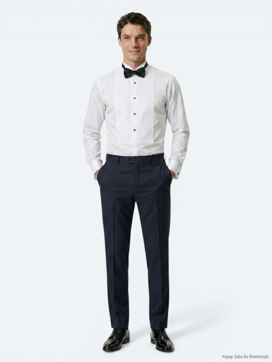 Beyaz Düz Slim Fit Duble Manşet Smokin Gömlek - KİP