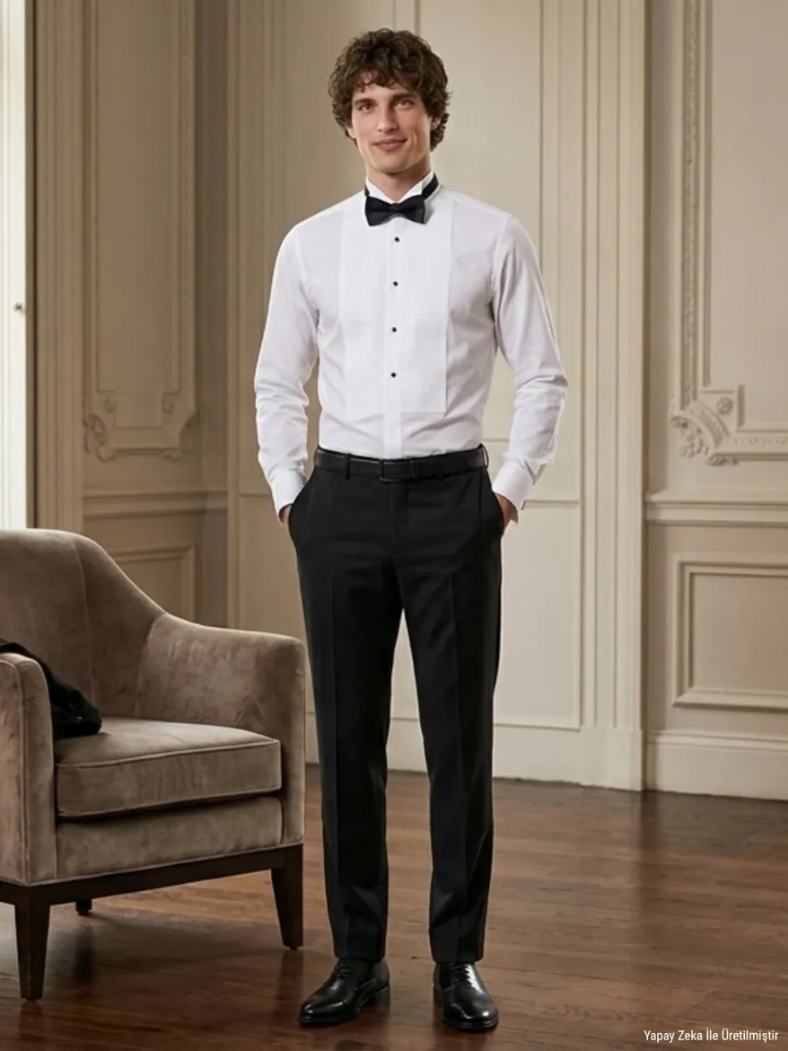 Beyaz Düz Slim Fit Duble Manşet Smokin Gömlek - KİP