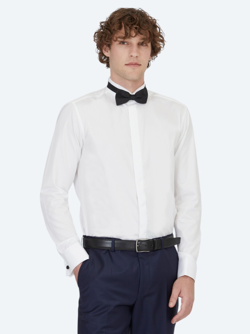 Beyaz Düz Slim Fit Duble Manşet Ata Yaka Smokin Gömlek - 1