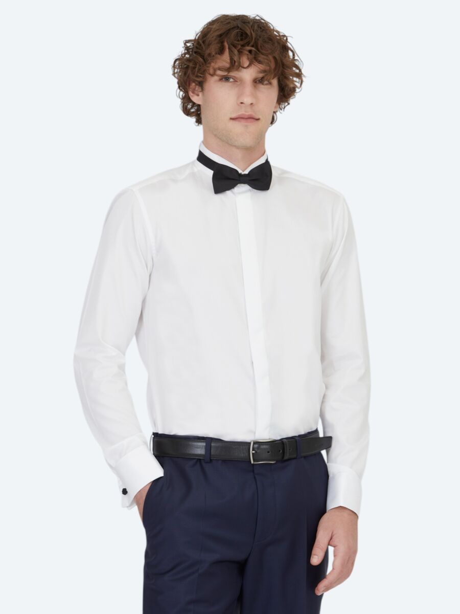 Beyaz Düz Slim Fit Duble Manşet Ata Yaka Smokin Gömlek - 1