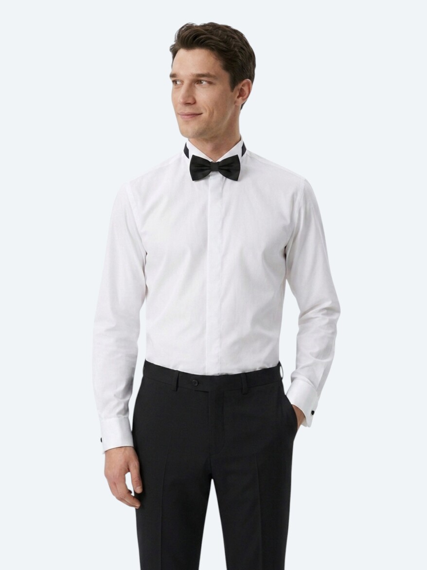Beyaz Düz Slim Fit Duble Manşet Ata Yaka Smokin Gömlek - KİP