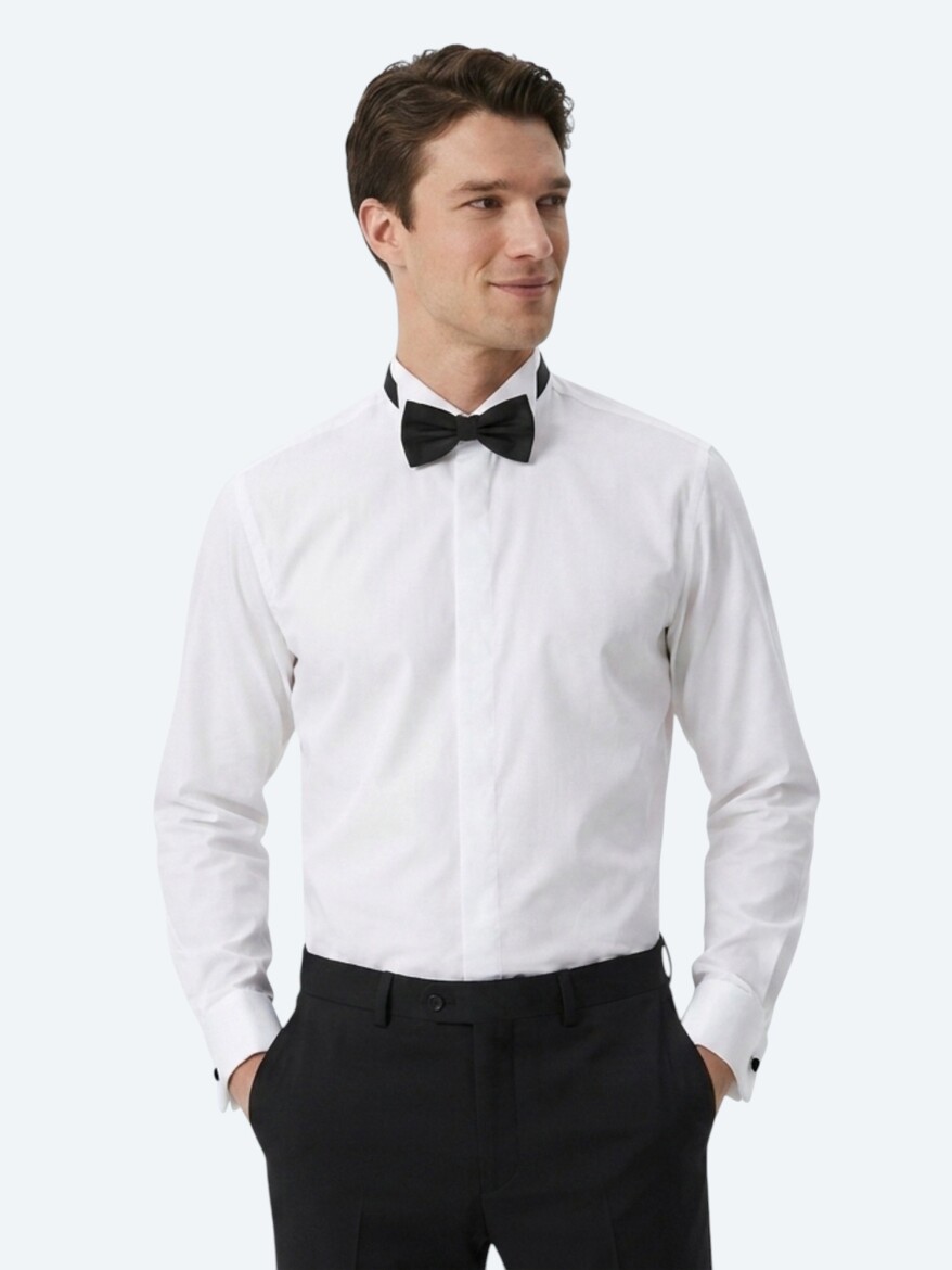 Beyaz Düz Slim Fit Duble Manşet Ata Yaka Smokin Gömlek - 4