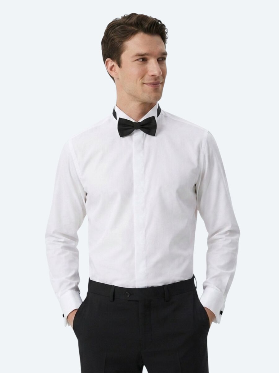 Beyaz Düz Slim Fit Duble Manşet Ata Yaka Smokin Gömlek - 4