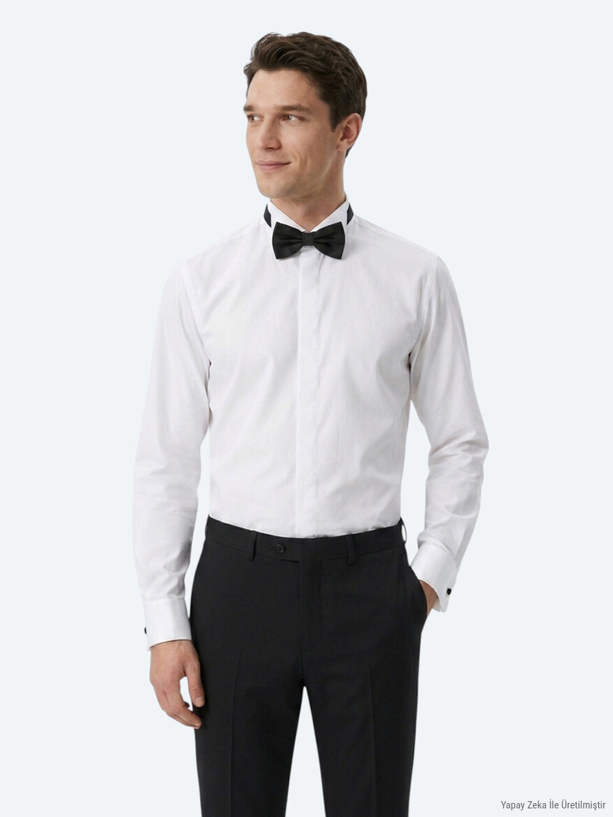 Beyaz Düz Slim Fit Duble Manşet Ata Yaka Smokin Gömlek - KİP