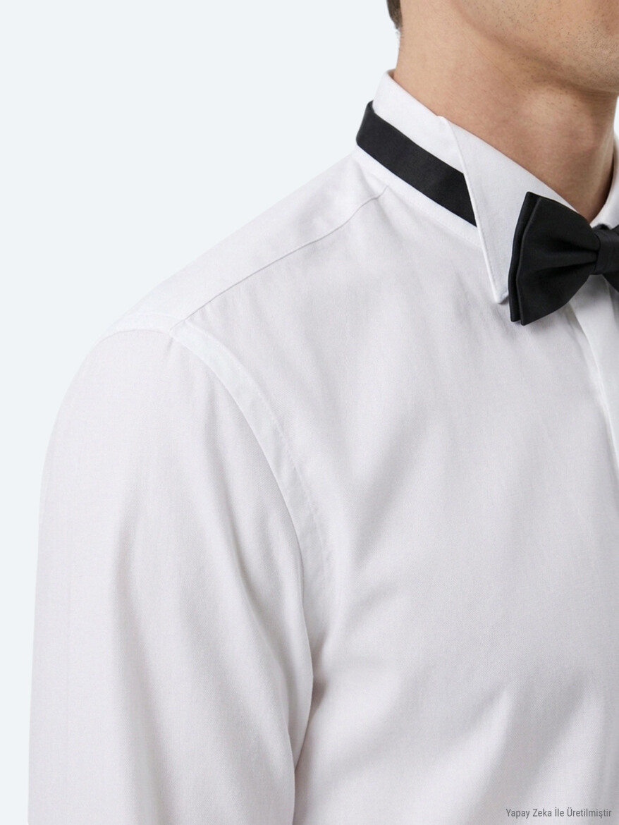 Beyaz Düz Slim Fit Duble Manşet Ata Yaka Smokin Gömlek - 3