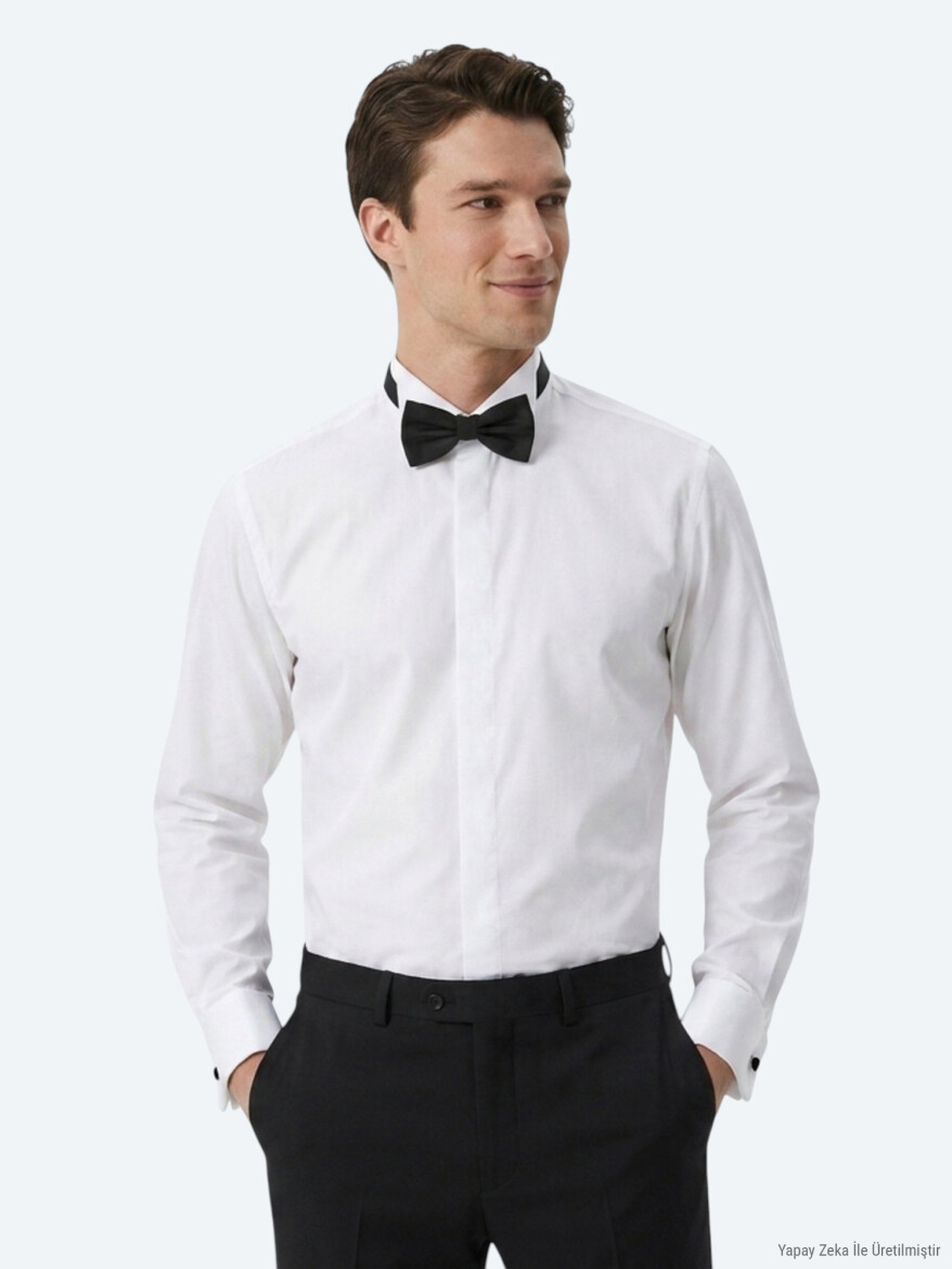 Beyaz Düz Slim Fit Duble Manşet Ata Yaka Smokin Gömlek - 4