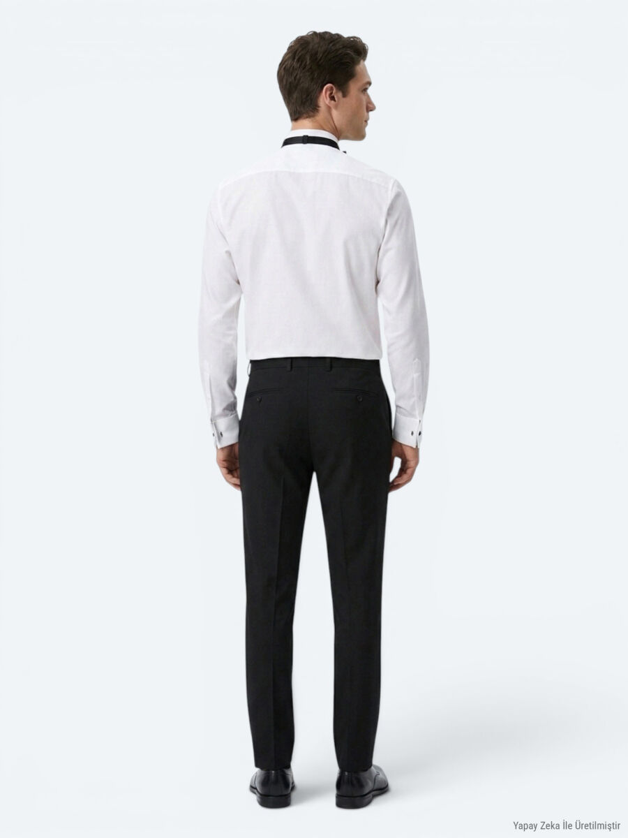 Beyaz Düz Slim Fit Duble Manşet Ata Yaka Smokin Gömlek - 5
