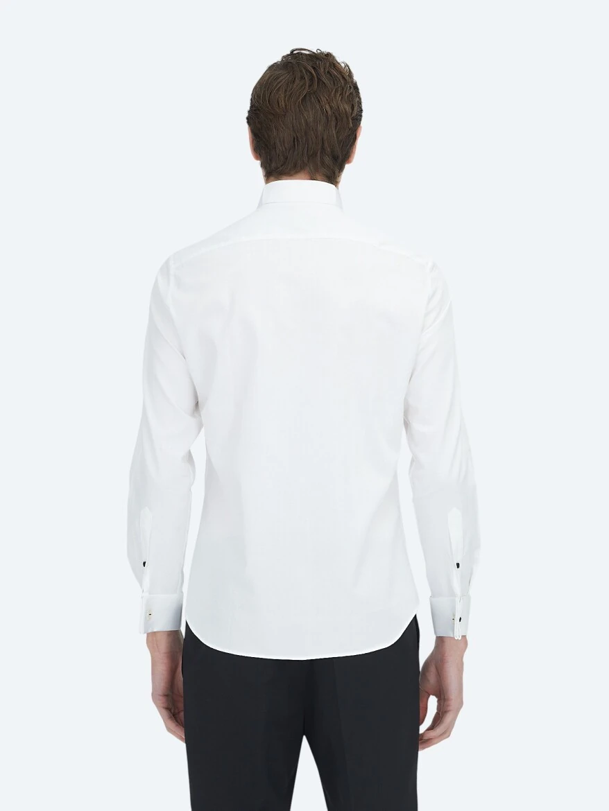 Beyaz Düz Slim Fit Duble Manşet Ata Yaka Smokin Gömlek - 5
