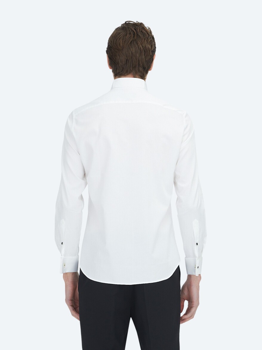 Beyaz Düz Slim Fit Duble Manşet Ata Yaka Smokin Gömlek - 5