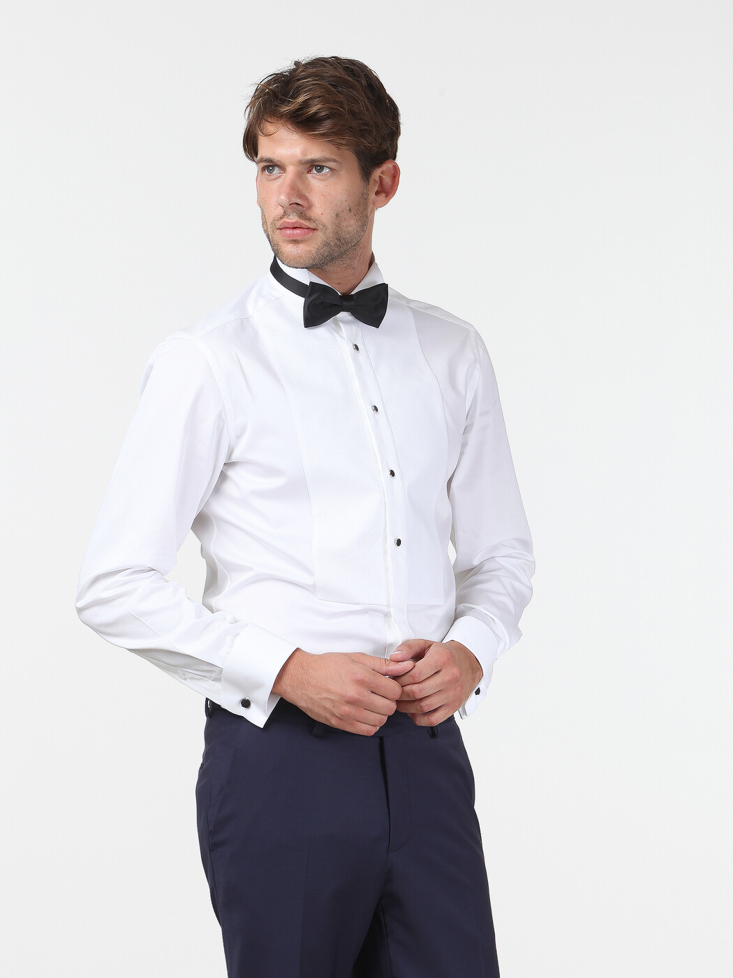 Beyaz Düz Slim Fit Duble Manşet Ata Yaka Smokin Gömlek - 1