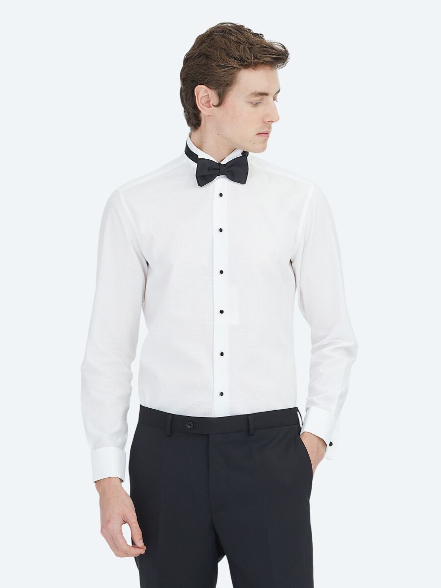 Beyaz Düz Slim Fit Duble Manşet Ata Yaka Smokin Gömlek - 1