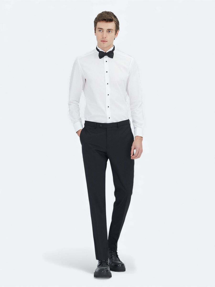 Beyaz Düz Slim Fit Duble Manşet Ata Yaka Smokin Gömlek - 2