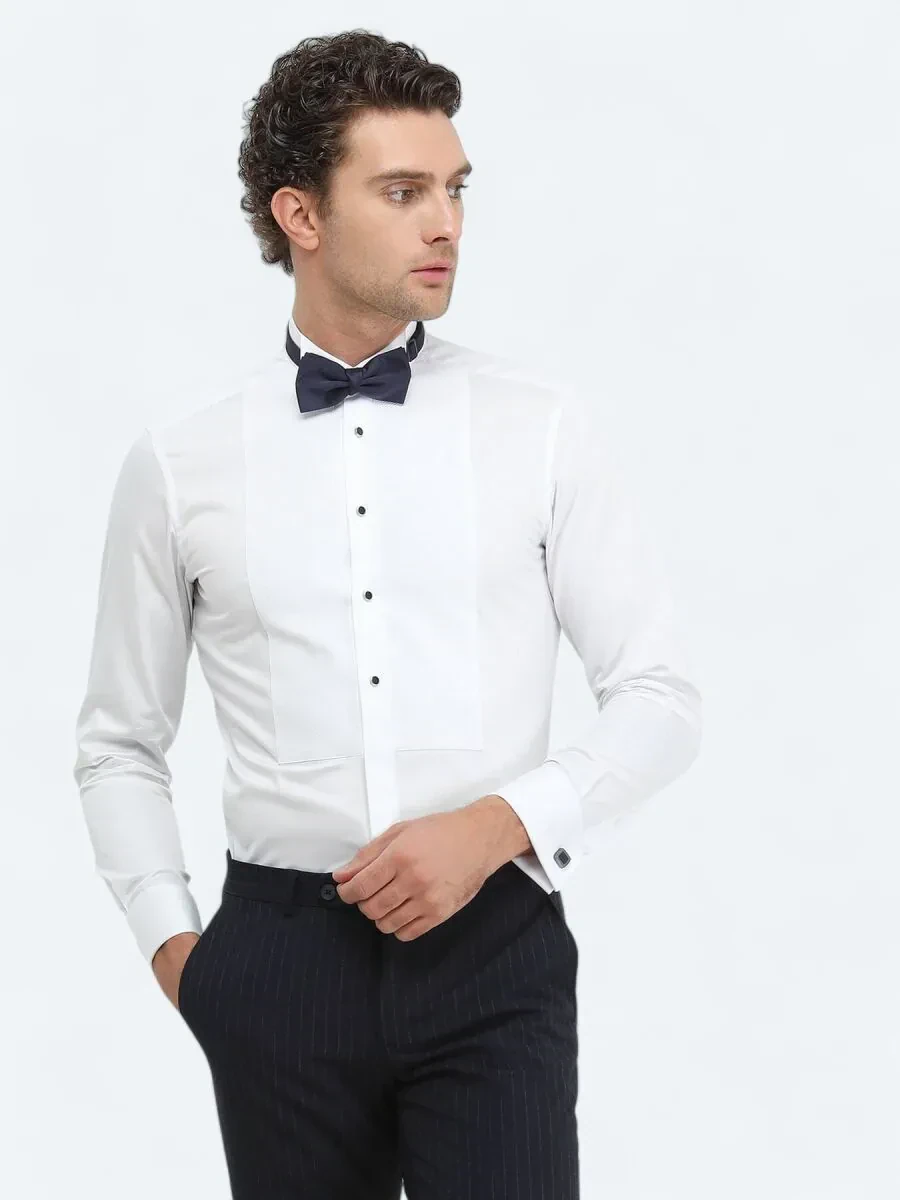 Beyaz Düz Slim Fit Duble Manşet Ata Yaka Smokin Gömlek - 1