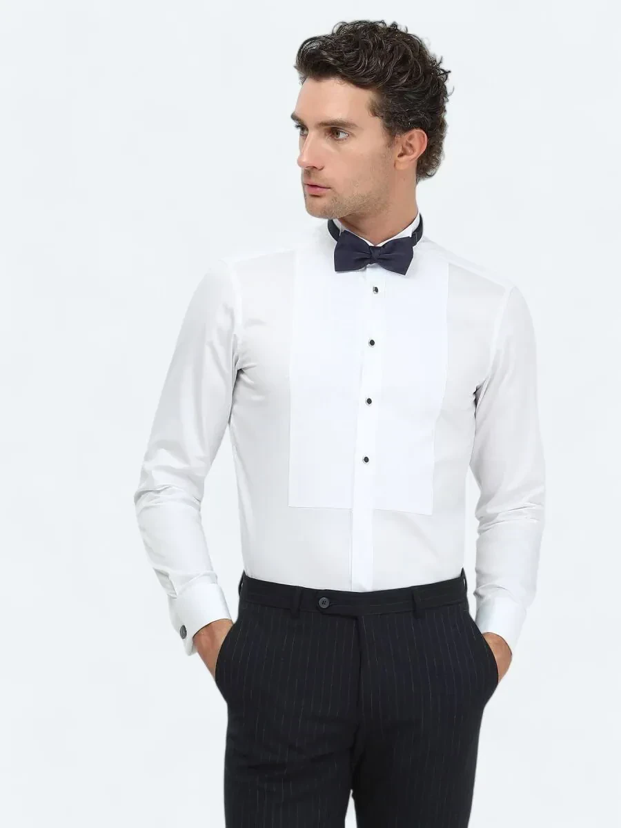 Beyaz Düz Slim Fit Duble Manşet Ata Yaka Smokin Gömlek - 2