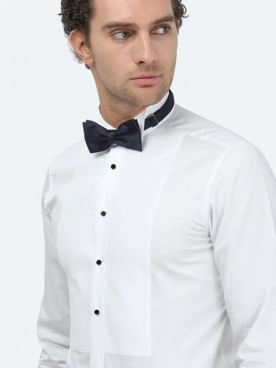 Beyaz Düz Slim Fit Duble Manşet Ata Yaka Smokin Gömlek - 4