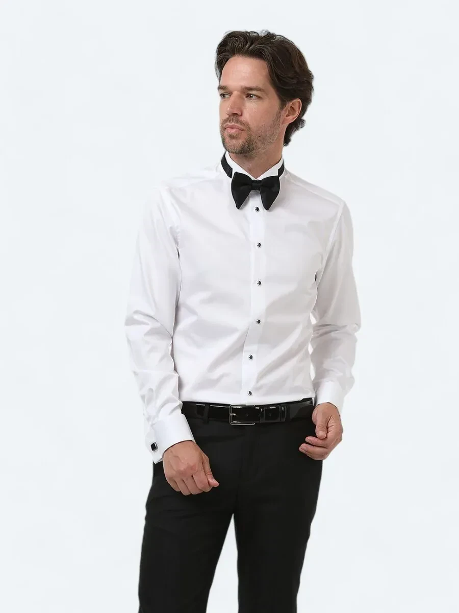 Beyaz Düz Slim Fit Duble Manşet Ata Yaka Smokin Gömlek - 3