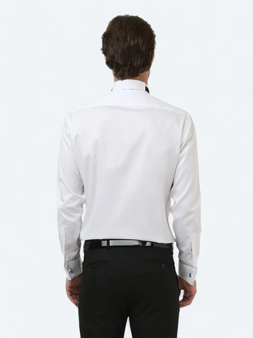 Beyaz Düz Slim Fit Duble Manşet Ata Yaka Smokin Gömlek - 4