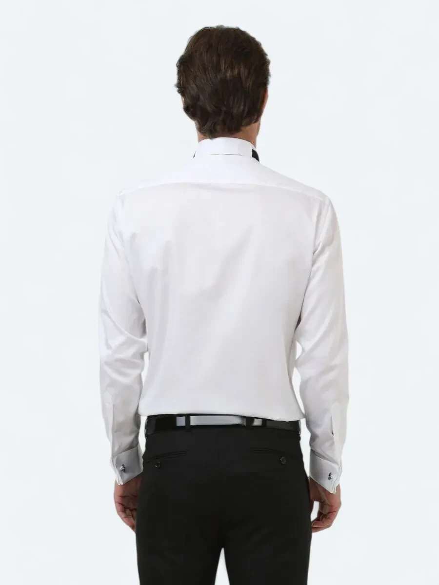 Beyaz Düz Slim Fit Duble Manşet Ata Yaka Smokin Gömlek - 4