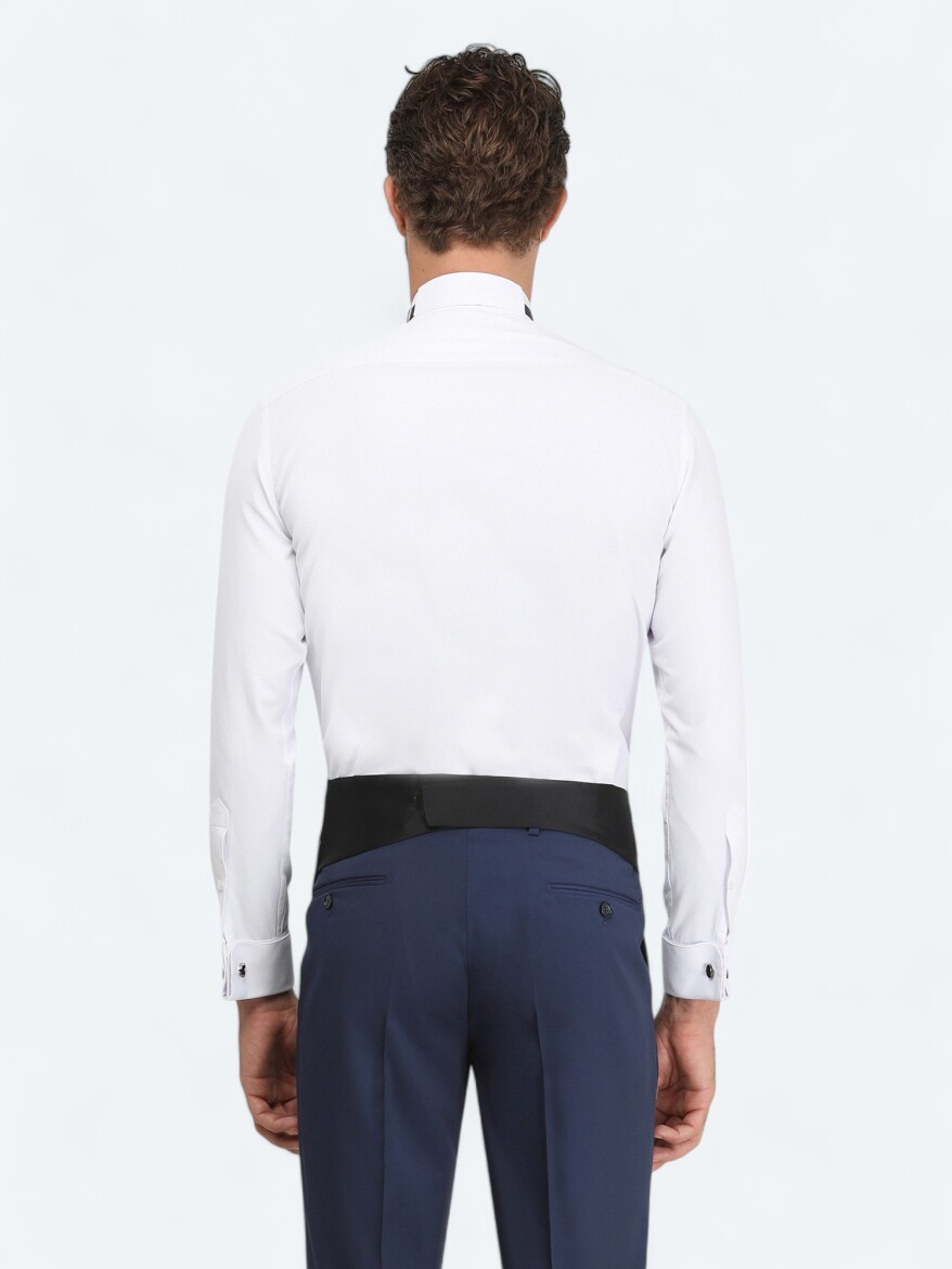 Beyaz Düz Slim Fit Duble Manşet Ata Yaka Smokin Gömlek - 6