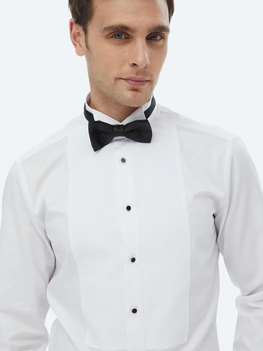 Beyaz Düz Slim Fit Duble Manşet Ata Yaka Smokin Gömlek - 2