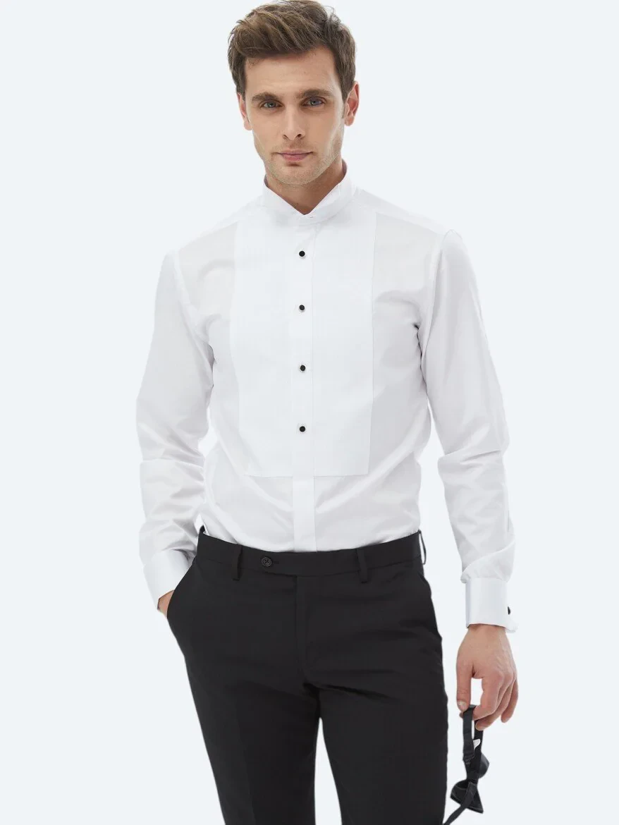 Beyaz Düz Slim Fit Duble Manşet Ata Yaka Smokin Gömlek - 6