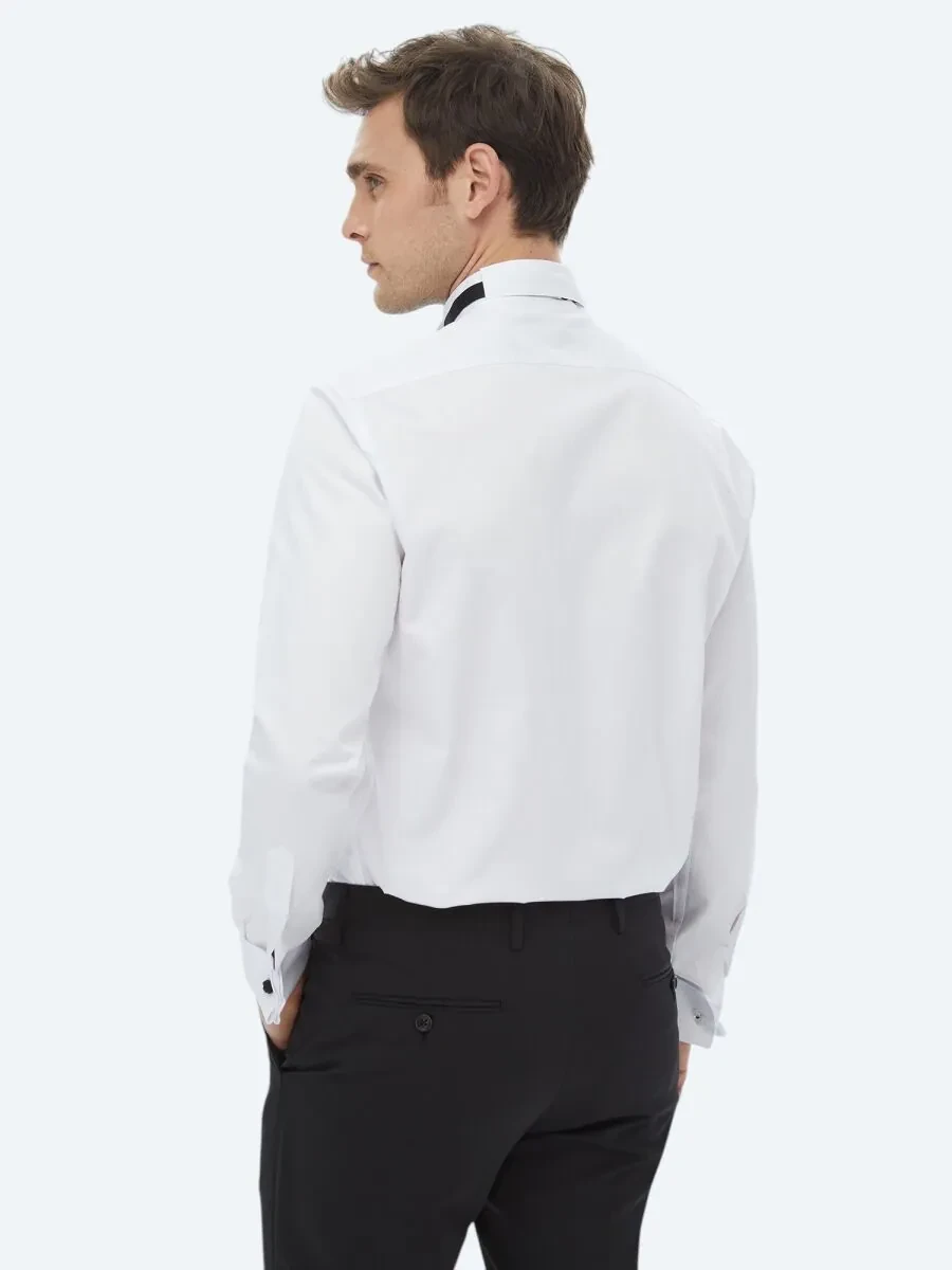 Beyaz Düz Slim Fit Duble Manşet Ata Yaka Smokin Gömlek - 8