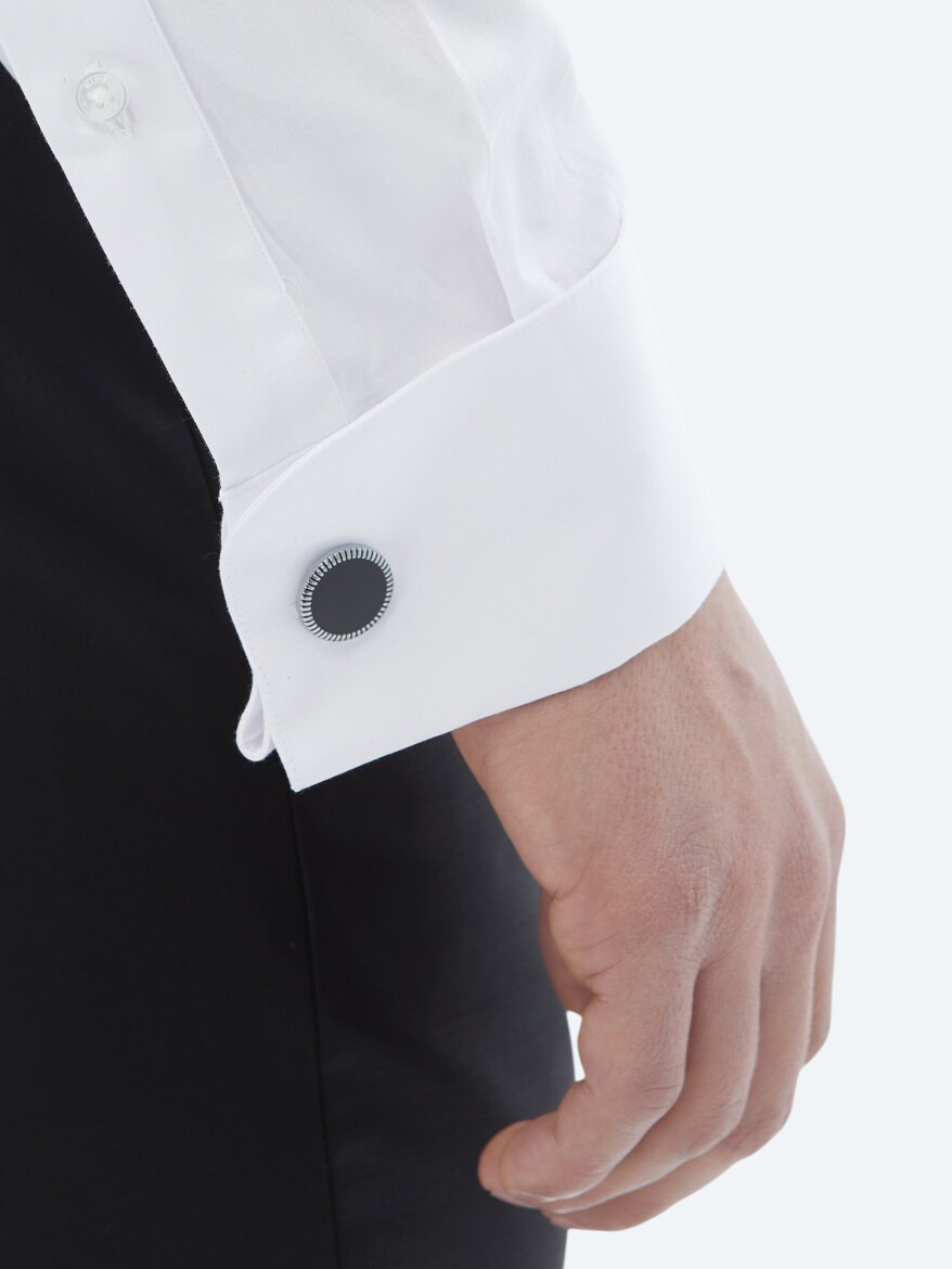 Beyaz Düz Slim Fit Duble Manşet Ata Yaka Smokin Gömlek - 6