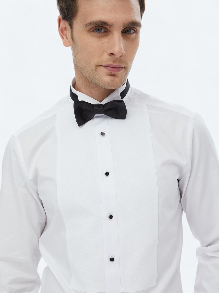 Beyaz Düz Slim Fit Duble Manşet Ata Yaka Smokin Gömlek - 4