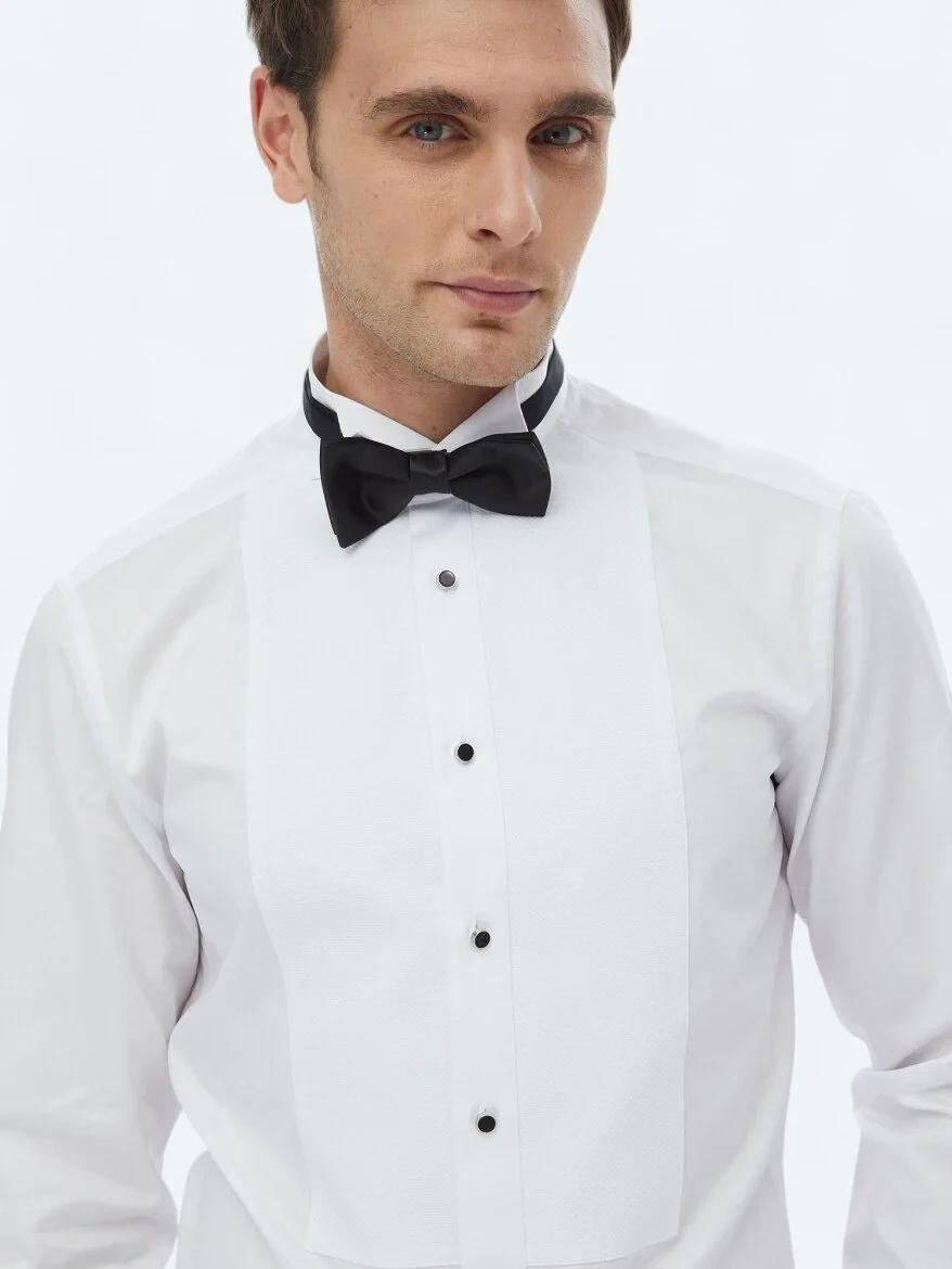 Beyaz Düz Slim Fit Duble Manşet Ata Yaka Smokin Gömlek - 4