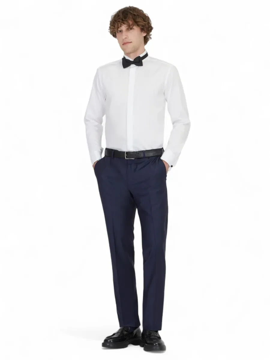 Beyaz Düz Slim Fit Duble Manşet Ata Yaka Smokin Gömlek - 2