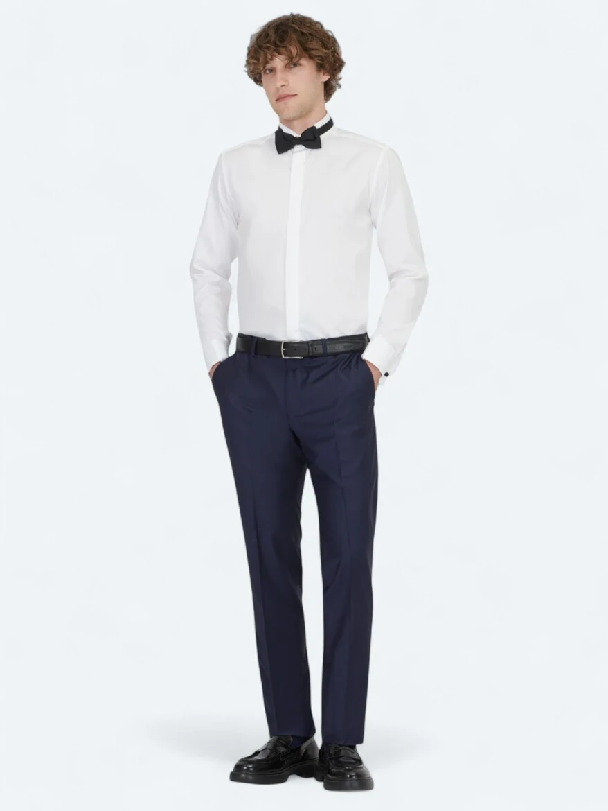 Beyaz Düz Slim Fit Duble Manşet Ata Yaka Smokin Gömlek - 2
