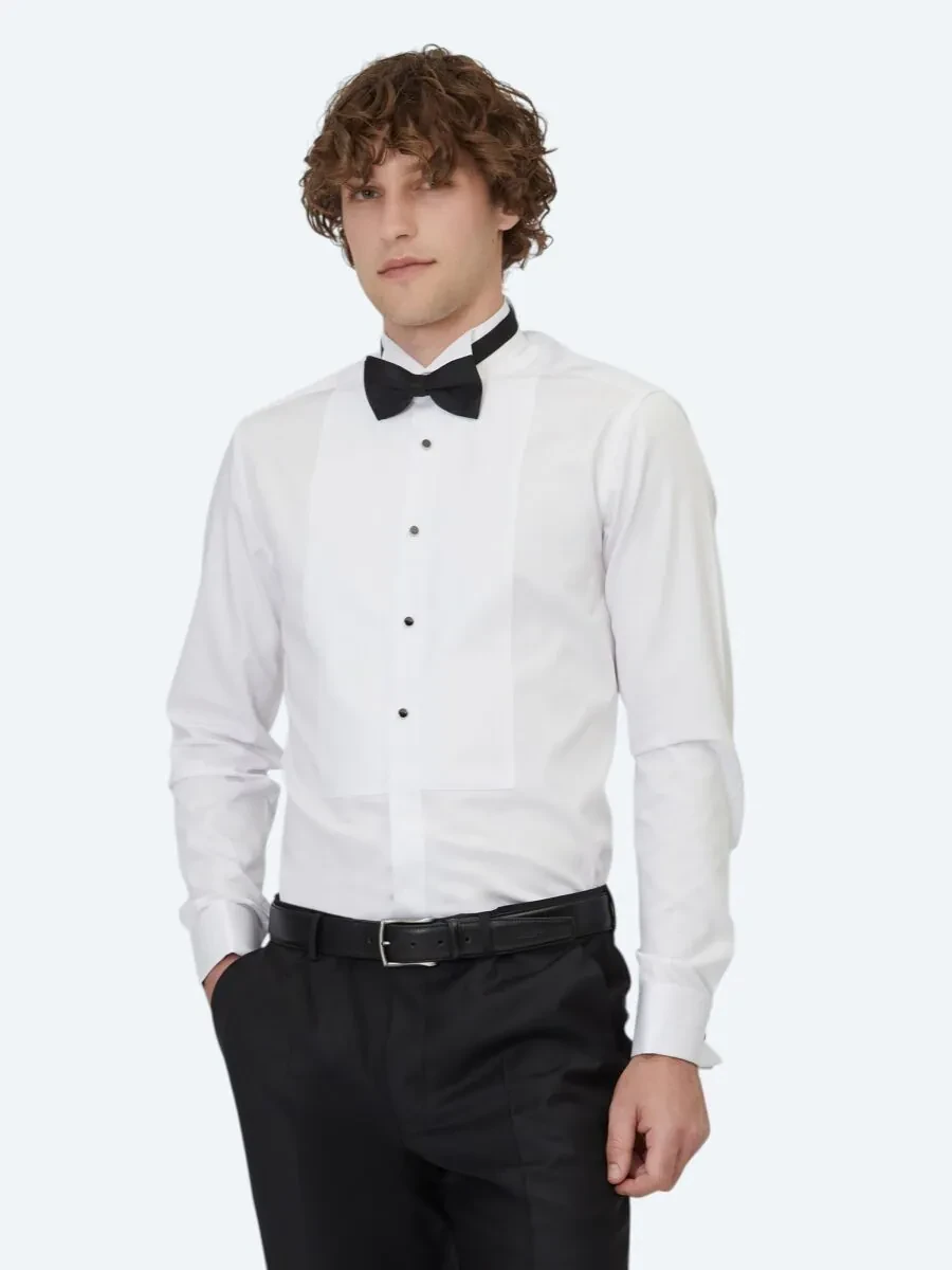 Beyaz Düz Slim Fit Duble Manşet Ata Yaka Smokin Gömlek - 1