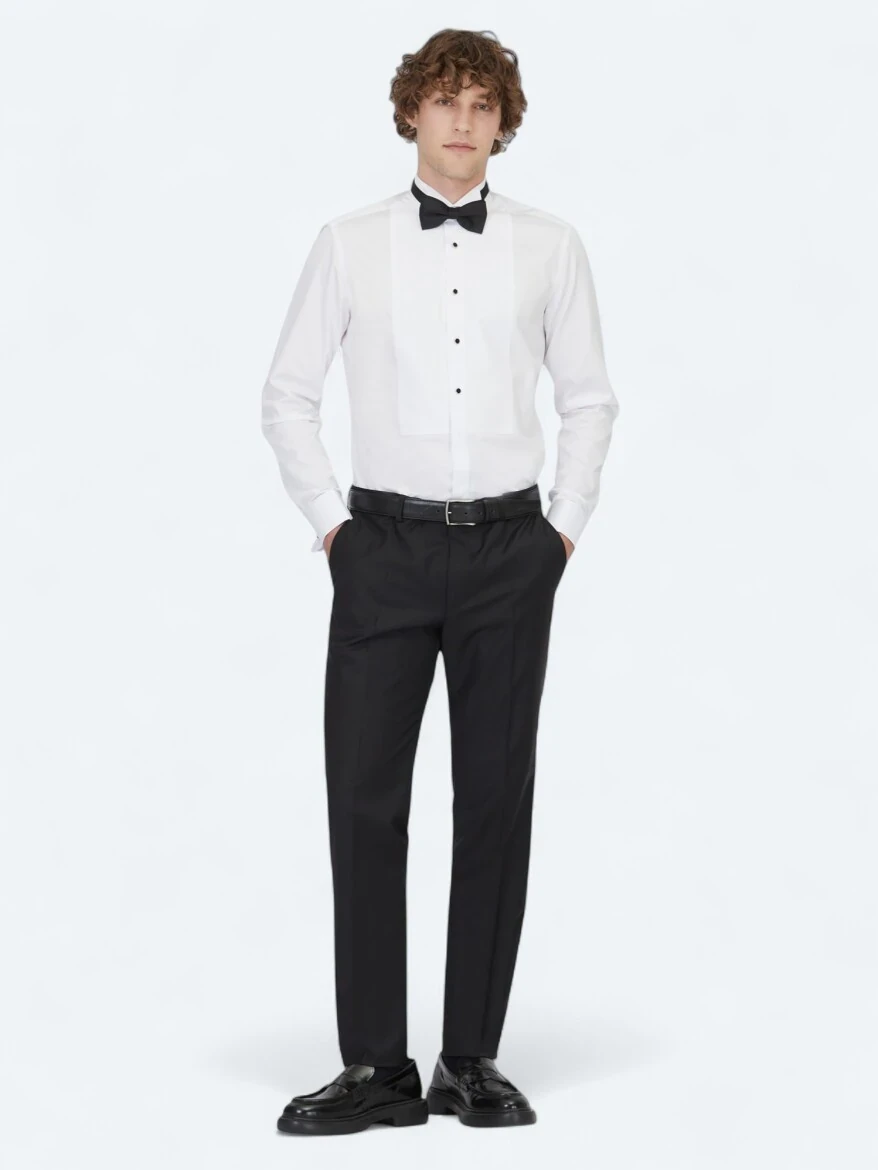 Beyaz Düz Slim Fit Duble Manşet Ata Yaka Smokin Gömlek - 2