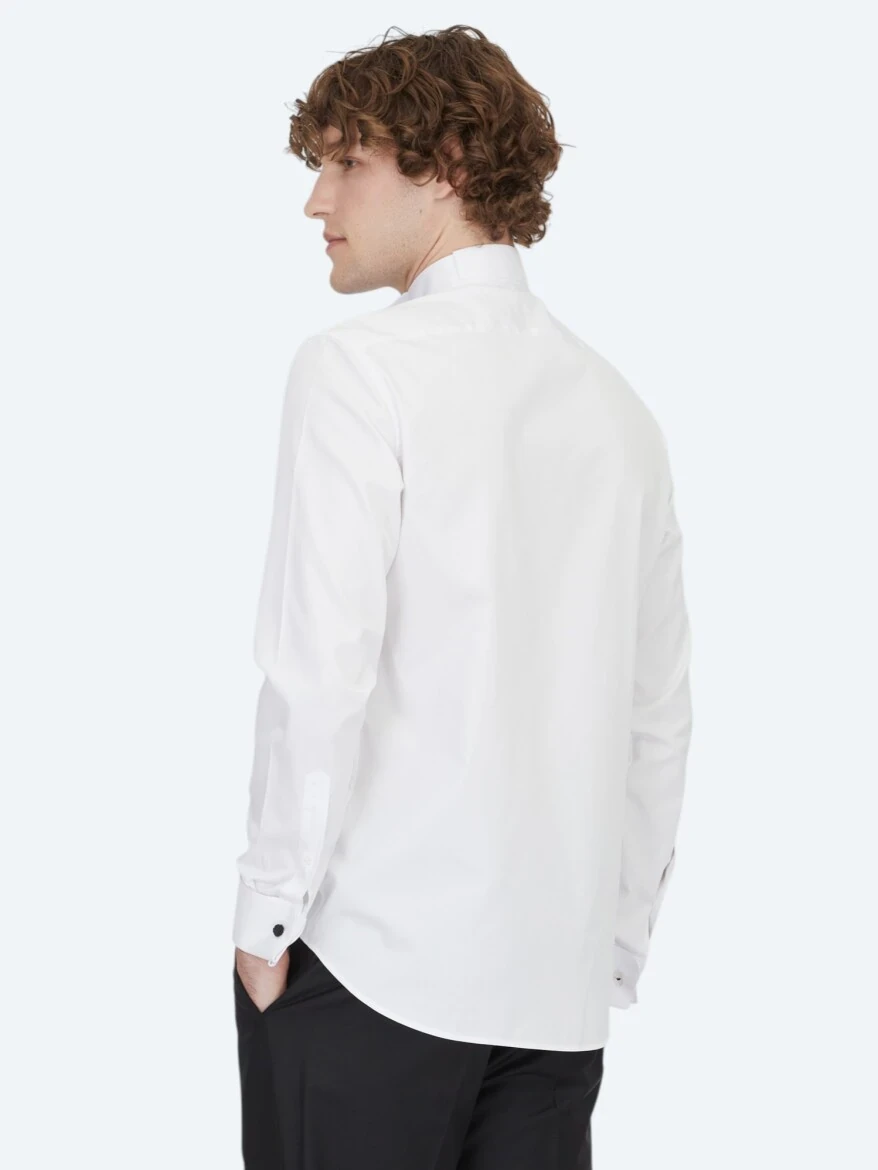Beyaz Düz Slim Fit Duble Manşet Ata Yaka Smokin Gömlek - 5