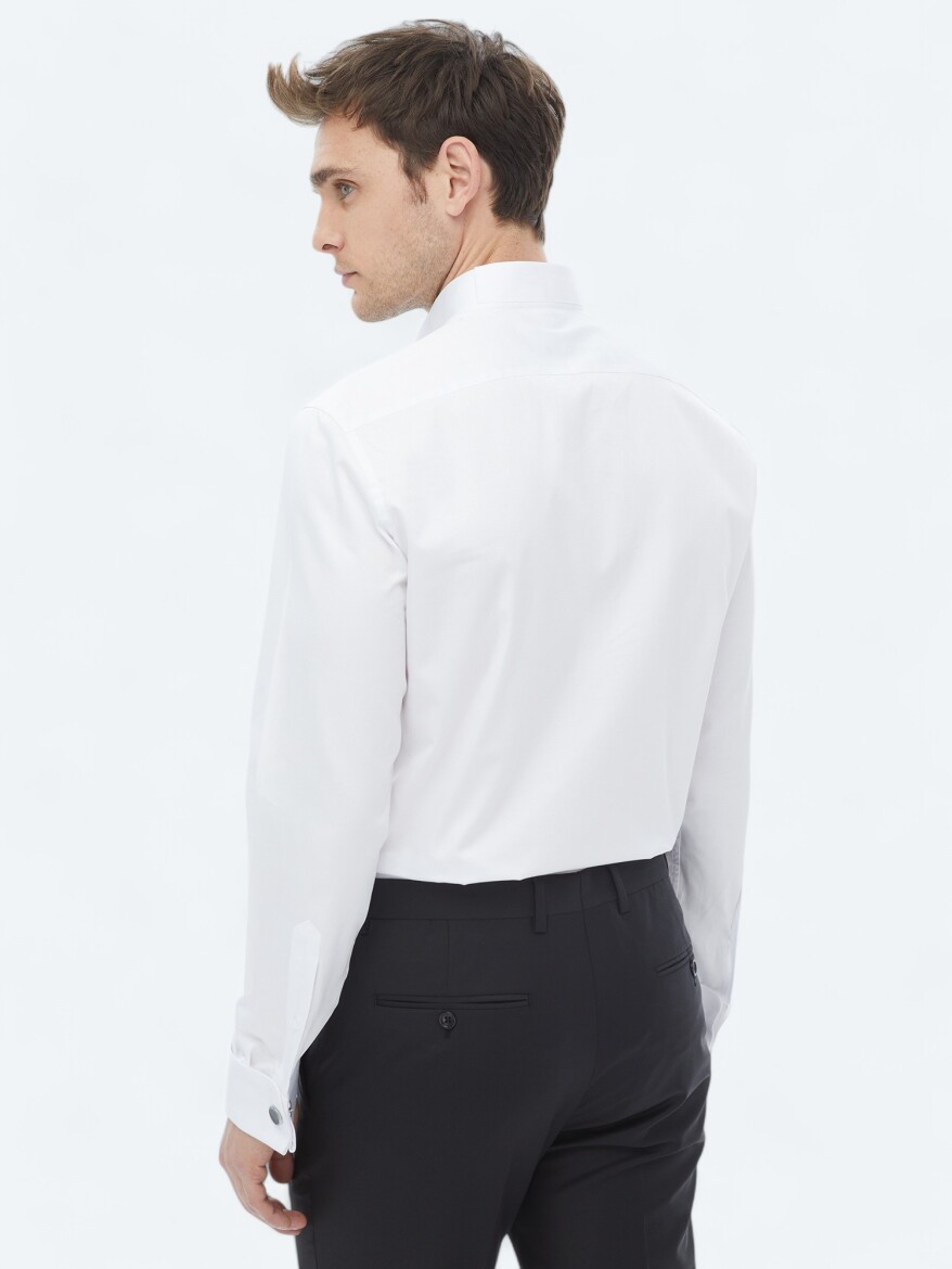Beyaz Düz Slim Fit Duble Manşet Ata Yaka Smokin Gömlek - 6