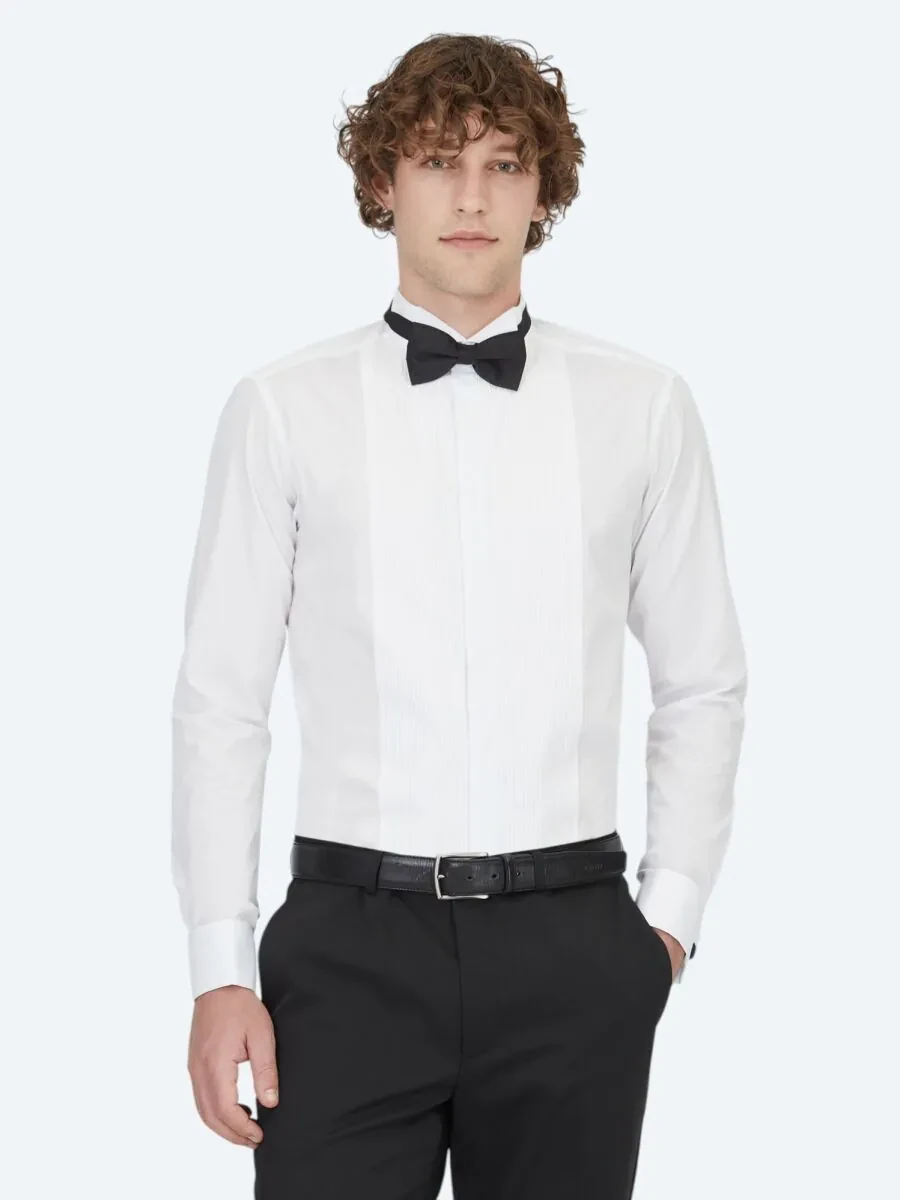 Beyaz Düz Slim Fit Duble Manşet Ata Yaka Smokin Gömlek - 1