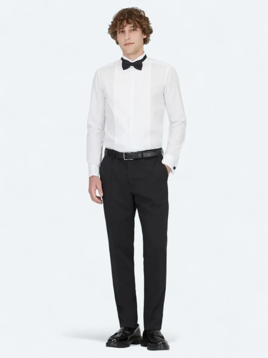 Beyaz Düz Slim Fit Duble Manşet Ata Yaka Smokin Gömlek - 2